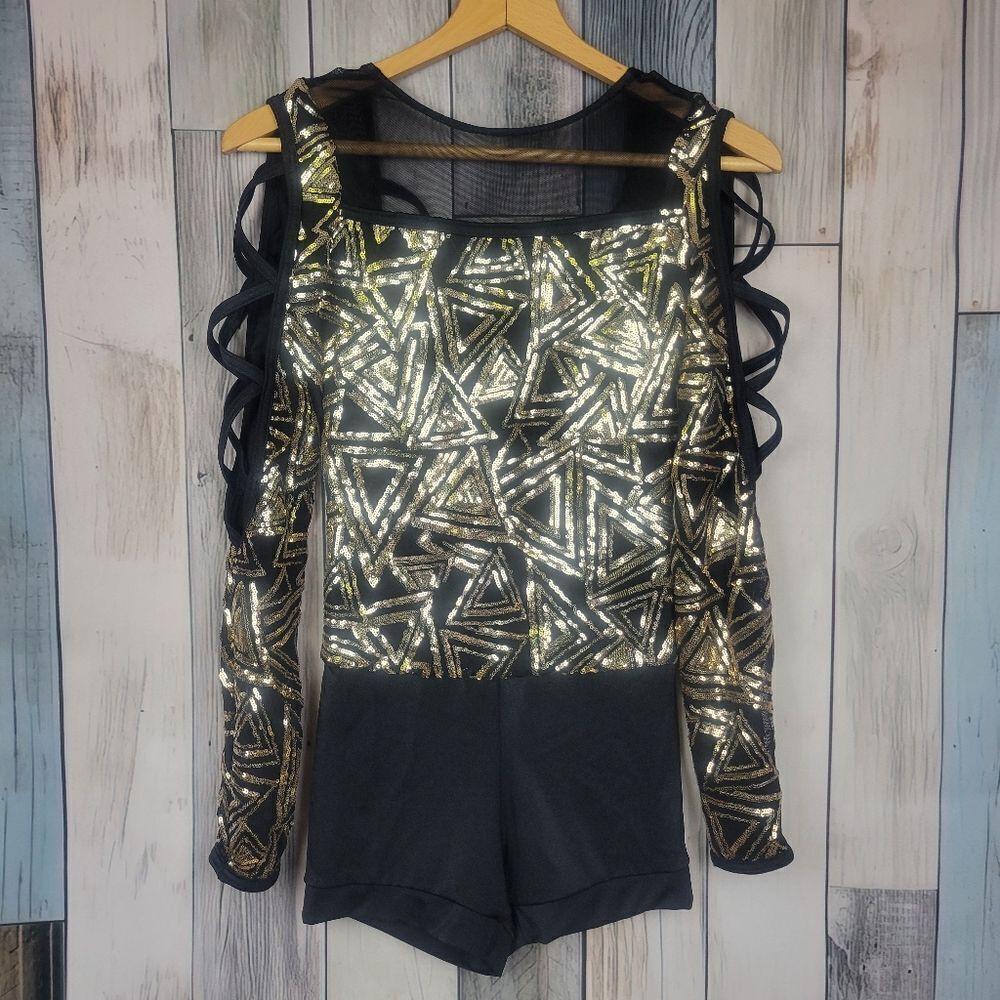 Weissman Black and Gold Geometric Sequin Unitard Dance Acro Costume size SA